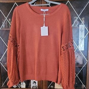 Sioni Terracotta Lace Sleeve Sweater